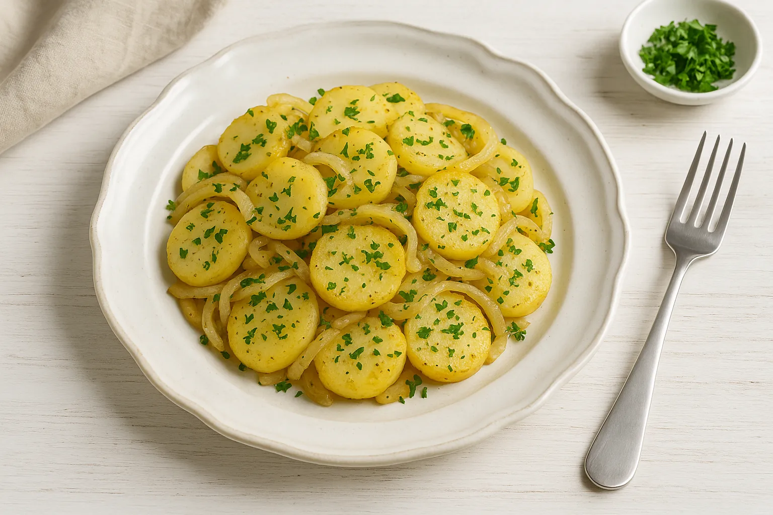 Schmorkartoffeln mit Zwiebeln und frischer Petersilie auf weißem DDR-Teller mit heller Dekoration