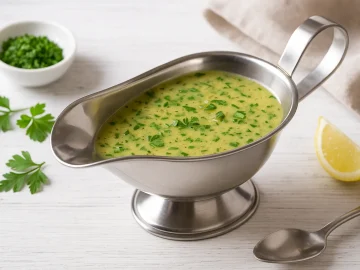 Stahl-Sauciere mit Senf-Kräuter-Soße auf weißem Holztisch, daneben Kräuter und Zitronenspalte