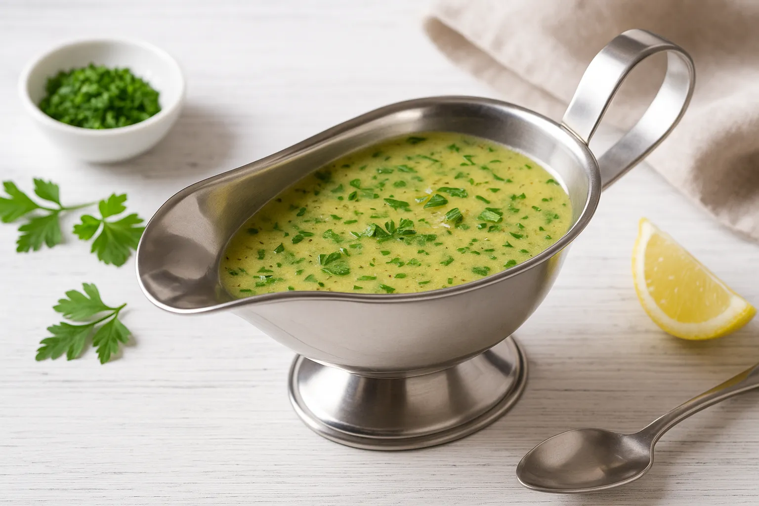 Stahl-Sauciere mit Senf-Kräuter-Soße auf weißem Holztisch, daneben Kräuter und Zitronenspalte