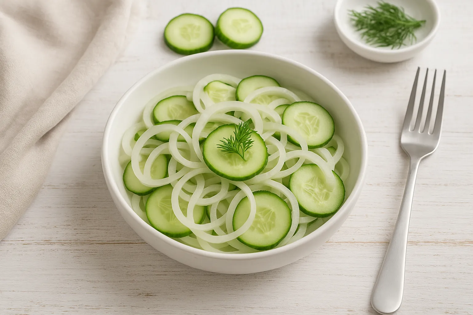 Zwiebel-Gurken-Salat in weißer Schüssel, dekoriert mit frischem Dill, auf hellem Holztisch serviert