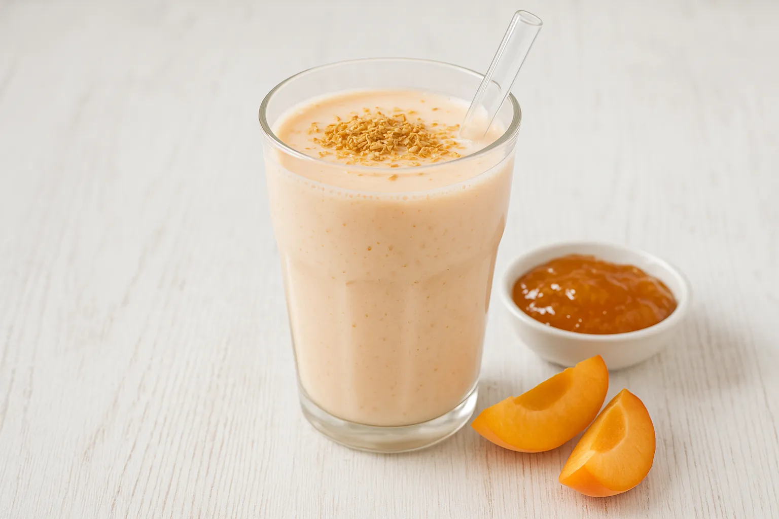 Aprikosenmilch im Glas, bestreut mit Weizenkeimen, auf hellem Holzhintergrund