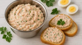 Edelstahlschale mit cremigem Kochsalami-Aufstrich und Brotscheiben auf weißem Holz