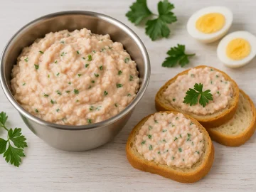Edelstahlschale mit cremigem Kochsalami-Aufstrich und Brotscheiben auf weißem Holz