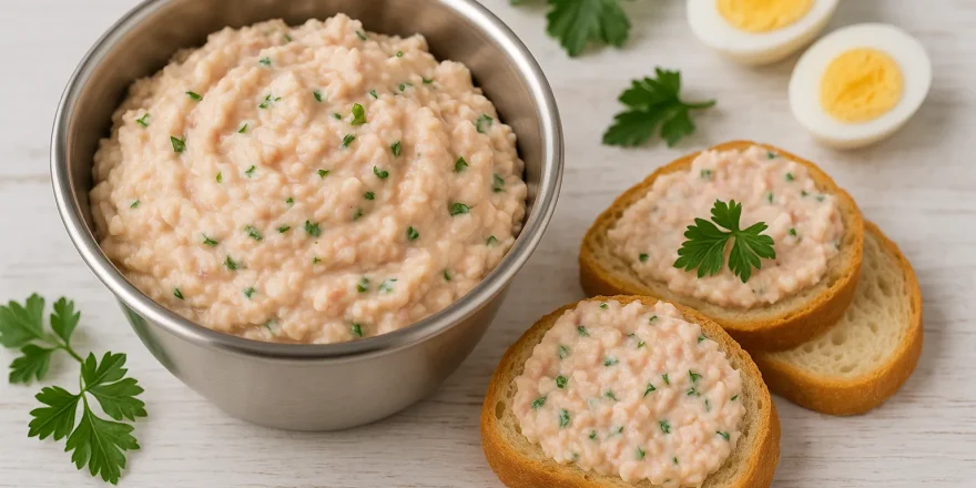 Edelstahlschale mit cremigem Kochsalami-Aufstrich und Brotscheiben auf weißem Holz