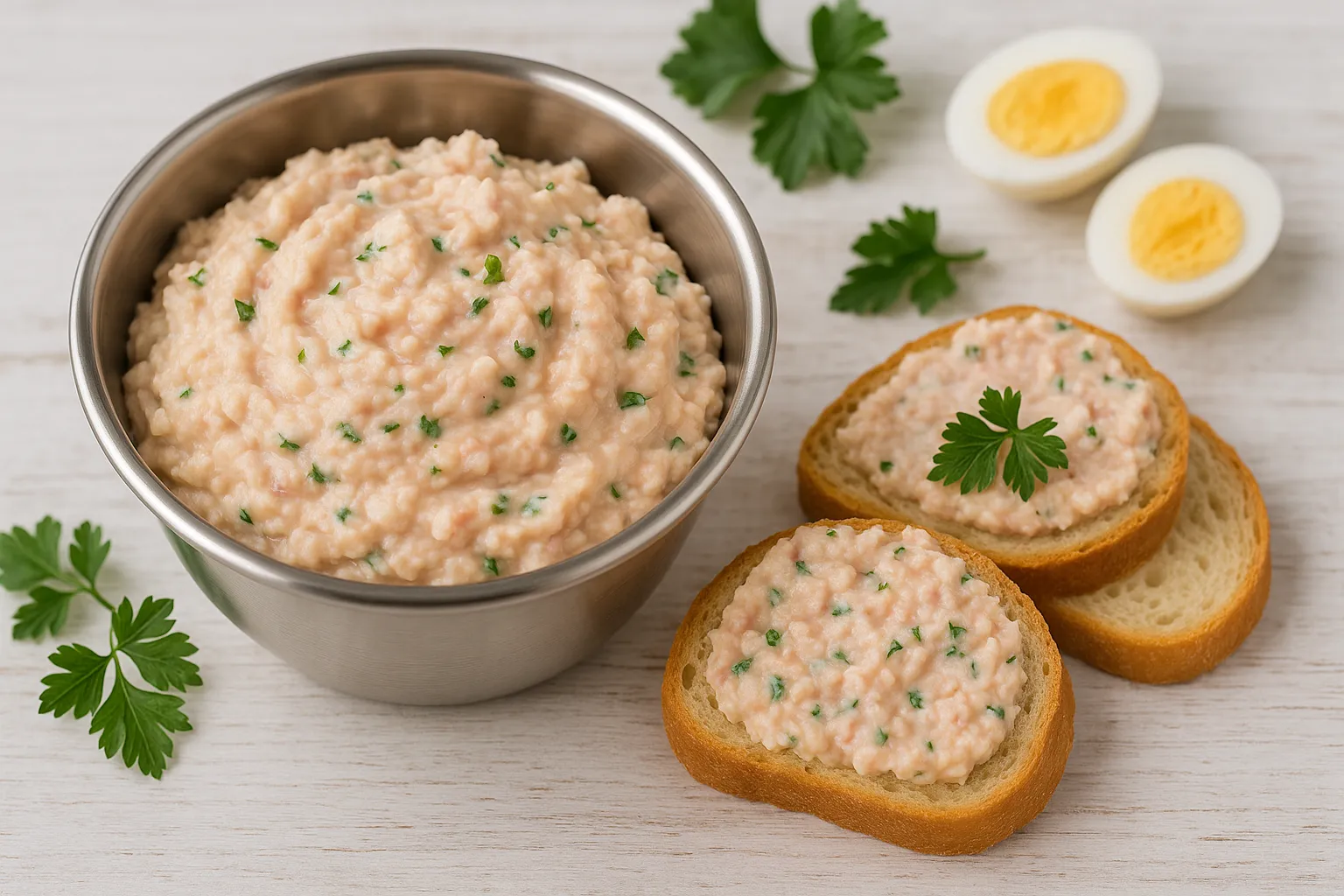 Edelstahlschale mit cremigem Kochsalami-Aufstrich und Brotscheiben auf weißem Holz
