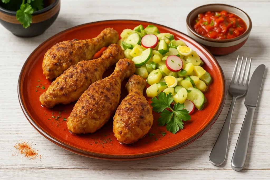  Broilerkeulen mit Senfkruste auf rotem DDR-Teller, Kartoffelsalat und Letscho, dekoriert auf hellem Holztisch mit Holzmaserung.