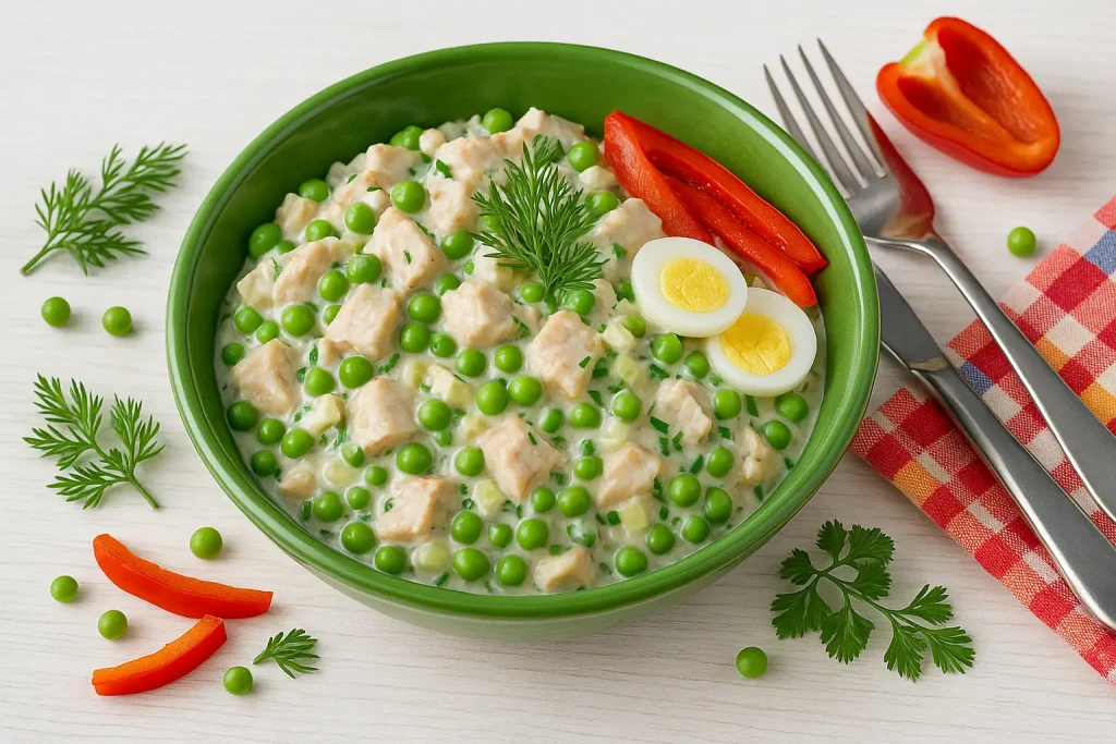  Grüne Schüssel mit Broilersalat, Hähnchen, Erbsen, Sellerie und Dill, dekoriert mit Paprika und Ei auf weißem Holztisch, daneben Besteck und Serviette.