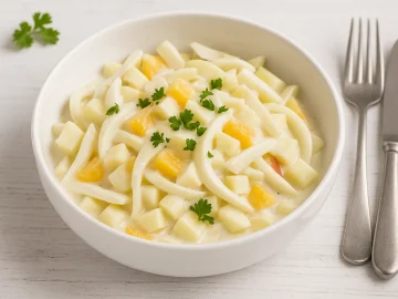 Chicoréesalat mit Apfel- und Apfelsinenstücken in weißer Schüssel auf hellem Holztisch