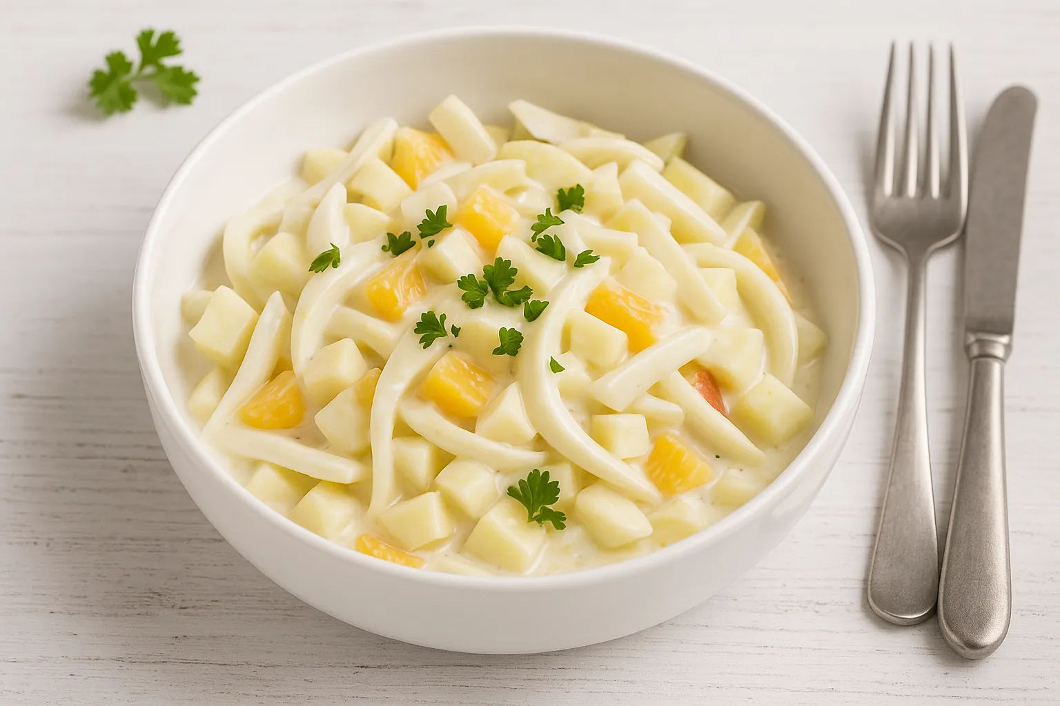 Chicoréesalat mit Apfel- und Apfelsinenstücken in weißer Schüssel auf hellem Holztisch