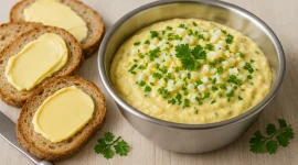 Eibutter in Edelstahlschüssel mit gehacktem Eiweiß und Petersilie, daneben Mischbrot auf hellem Holztisch mit Besteck