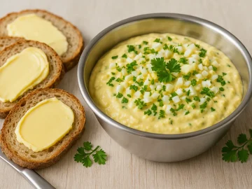 Eibutter in Edelstahlschüssel mit gehacktem Eiweiß und Petersilie, daneben Mischbrot auf hellem Holztisch mit Besteck