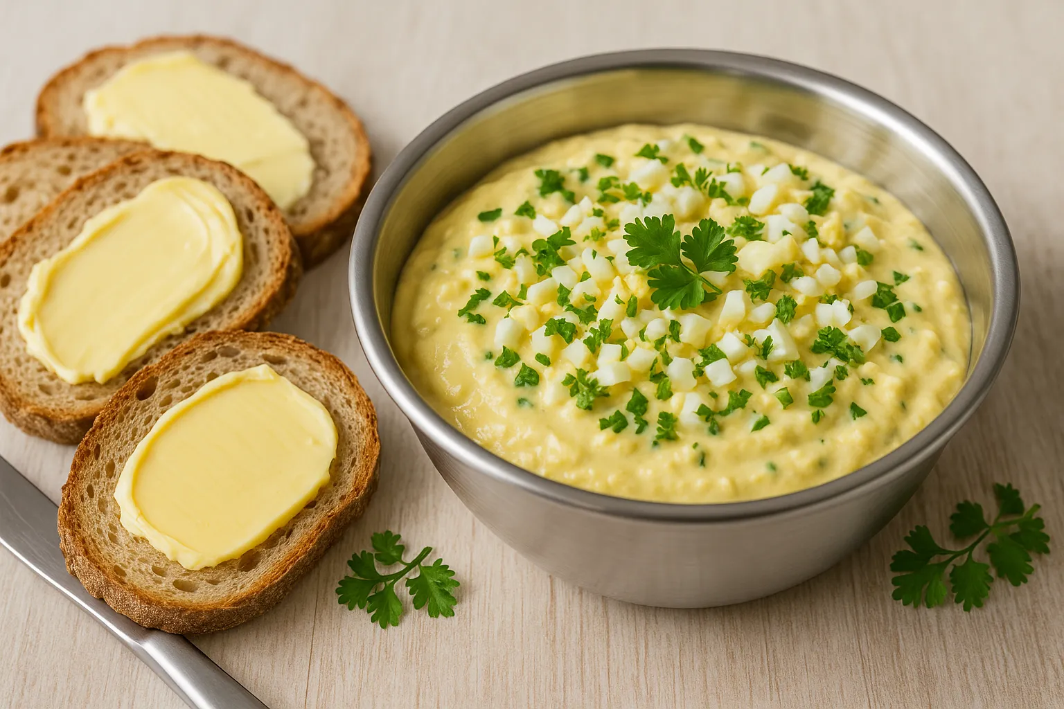 Eibutter in Edelstahlschüssel mit gehacktem Eiweiß und Petersilie, daneben Mischbrot auf hellem Holztisch mit Besteck