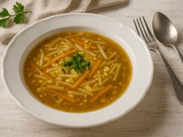 Einbrennsuppe mit feinen Gemüsestreifen und Petersilie, serviert in einem weißen tiefen Teller auf hellem Holzhintergrund mit Besteck.