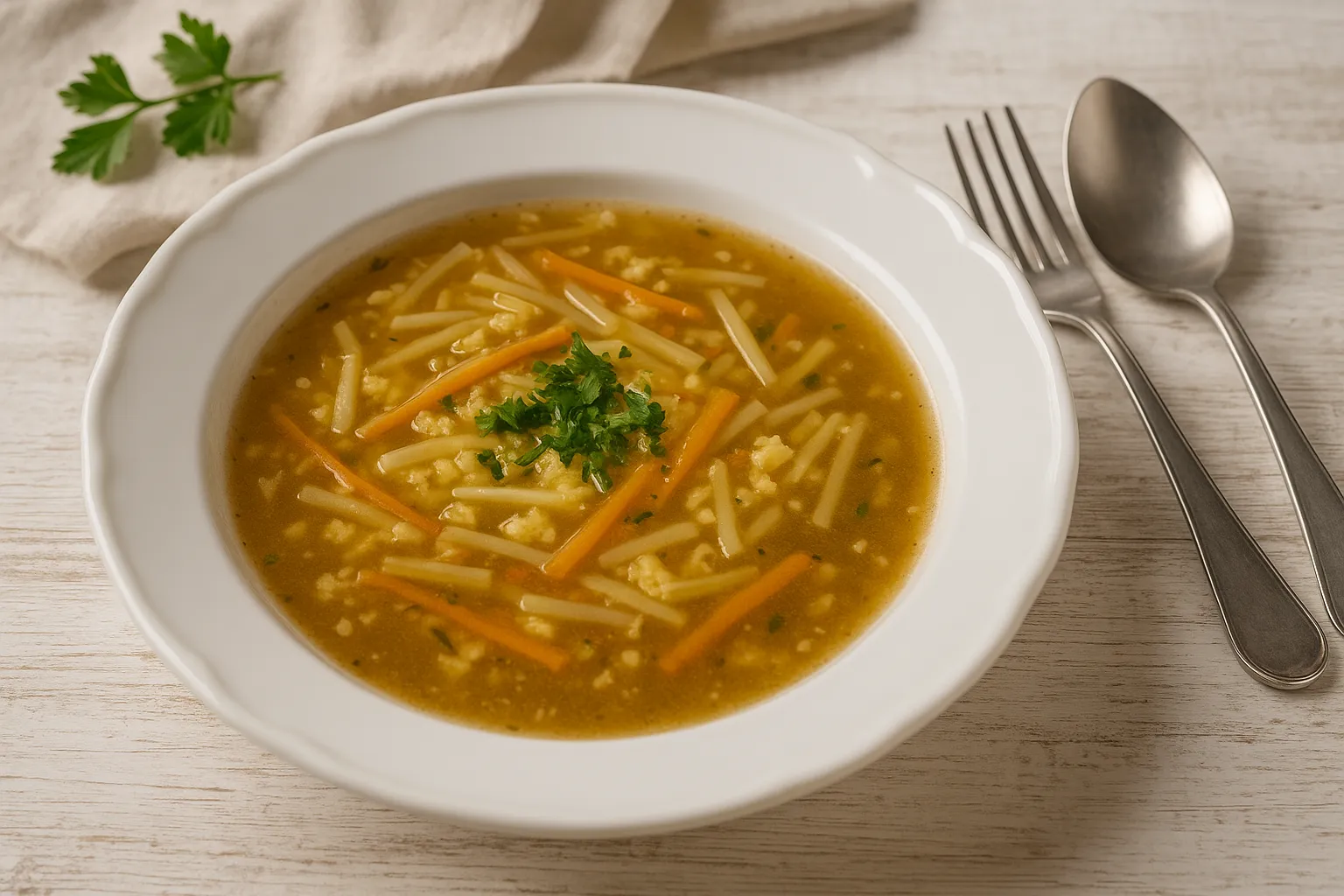 Einbrennsuppe mit feinen Gemüsestreifen und Petersilie, serviert in einem weißen tiefen Teller auf hellem Holzhintergrund mit Besteck.