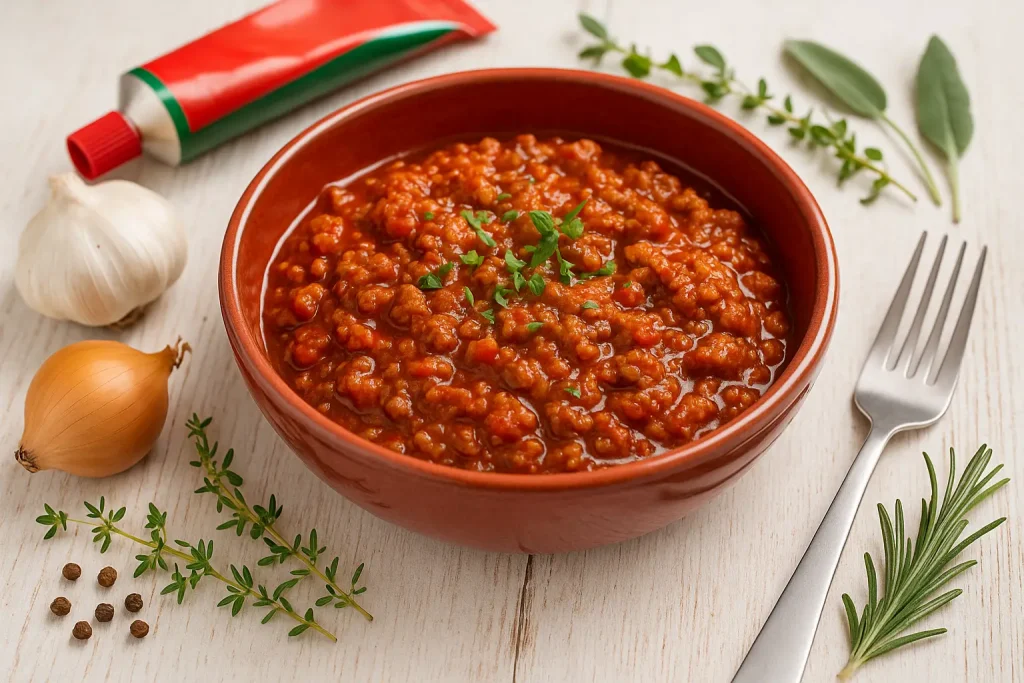  Fleischsoße mit Hackfleisch und Tomatenmark in roter Schale auf weißem Holztisch, umgeben von frischen Kräutern, Zwiebeln und Tomatenmark.