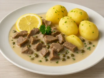 Frikassee aus Rindfleisch in cremiger Kapernsoße, serviert mit Kartoffeln auf weißem Teller