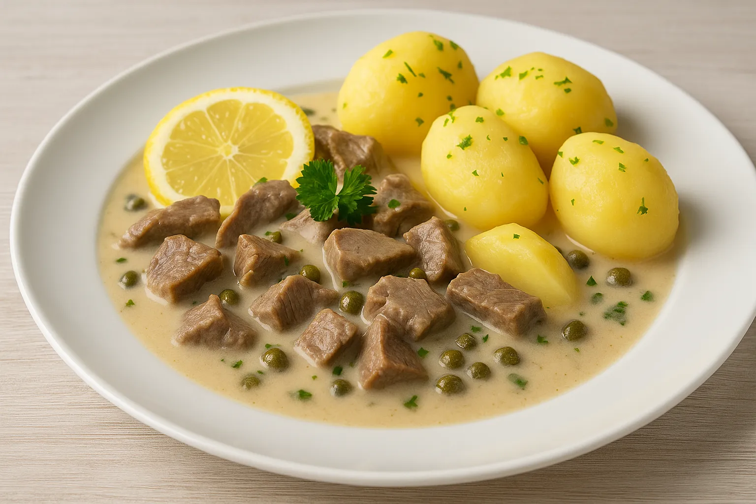 Frikassee aus Rindfleisch in cremiger Kapernsoße, serviert mit Kartoffeln auf weißem Teller