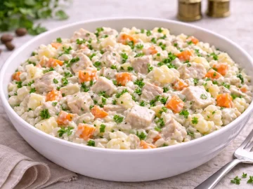 Geflügelsalat mit Reis, Gemüse und Petersilie in weißer Schüssel auf hellem Holzhintergrund