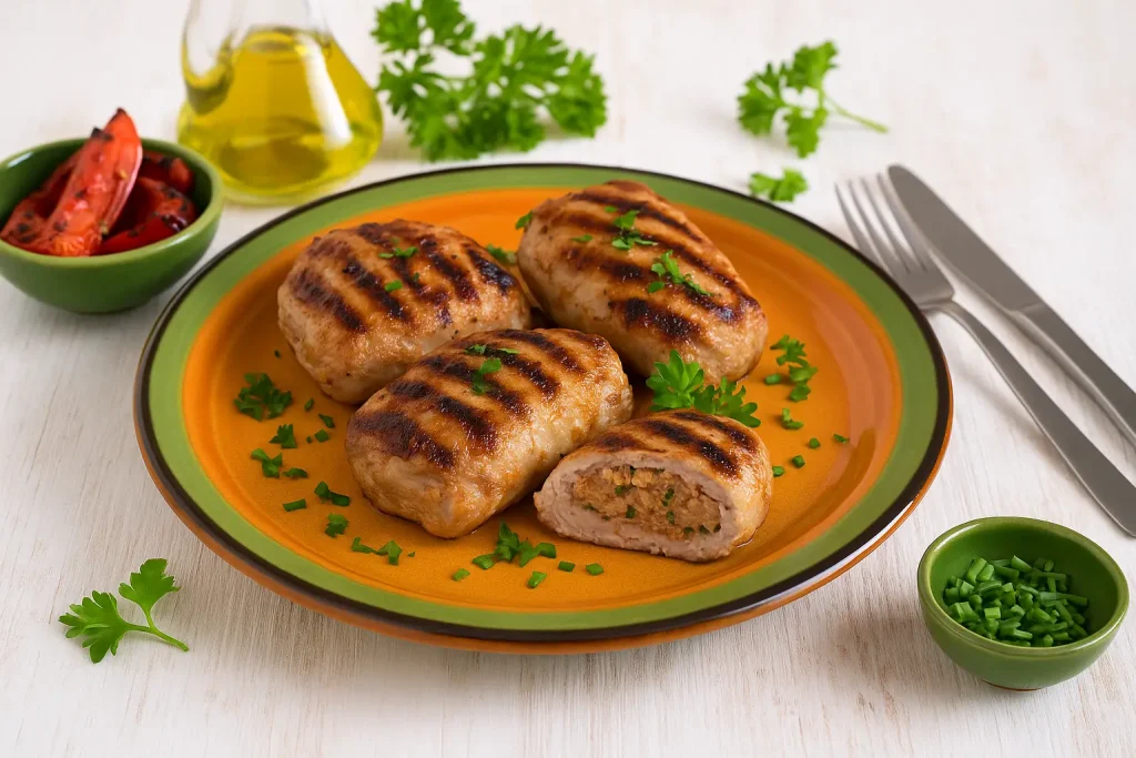  Gefüllte Grillschnitzel, goldbraun gegrillt, gefüllt mit Leberwurst und Kräutern, serviert auf rustikalem DDR-Teller mit frischer Deko.