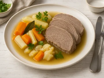 Gekochtes Rindfleisch in Scheiben mit Suppengrün und Brühe auf weißem Teller angerichtet