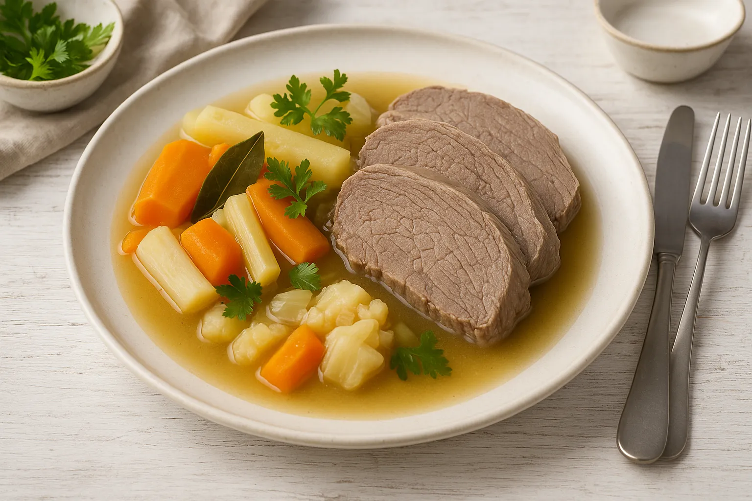 Gekochtes Rindfleisch in Scheiben mit Suppengrün und Brühe auf weißem Teller angerichtet