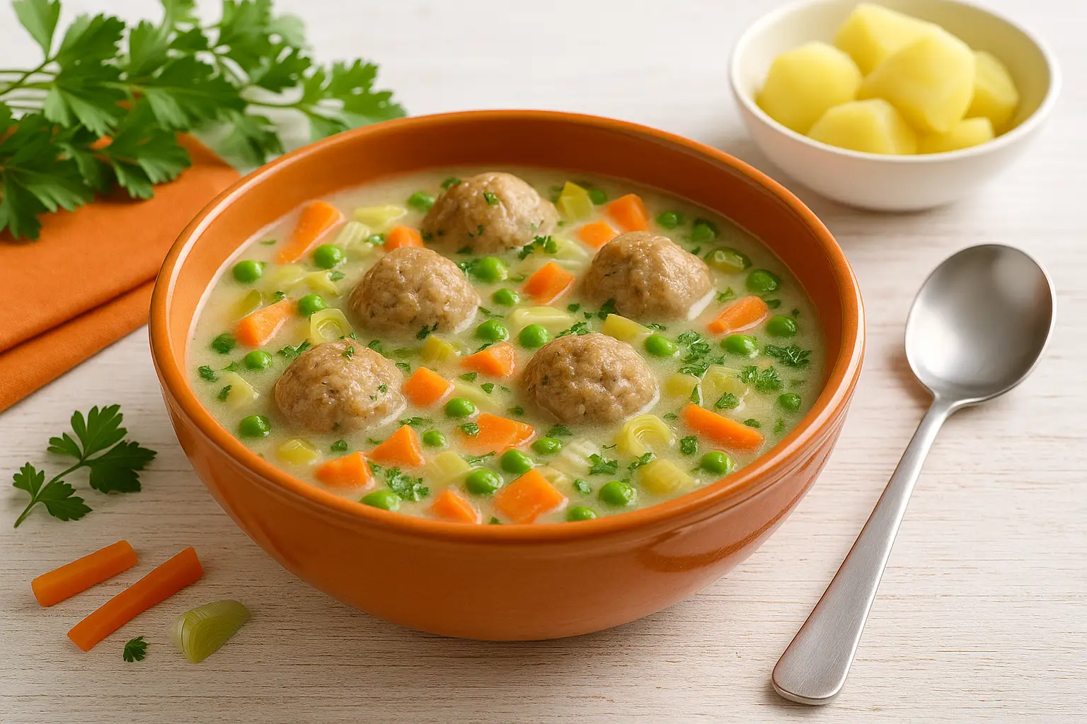  Gemüsetopf mit Hackklößchen und buntem Gemüse in orangefarbener Schüssel, garniert mit Petersilie, dazu Salzkartoffeln auf weißem Holztisch.