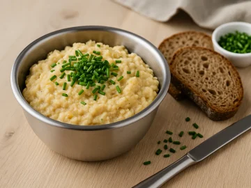 Hefeaufstrich mit Schnittlauch in einer Edelstahlschüssel serviert