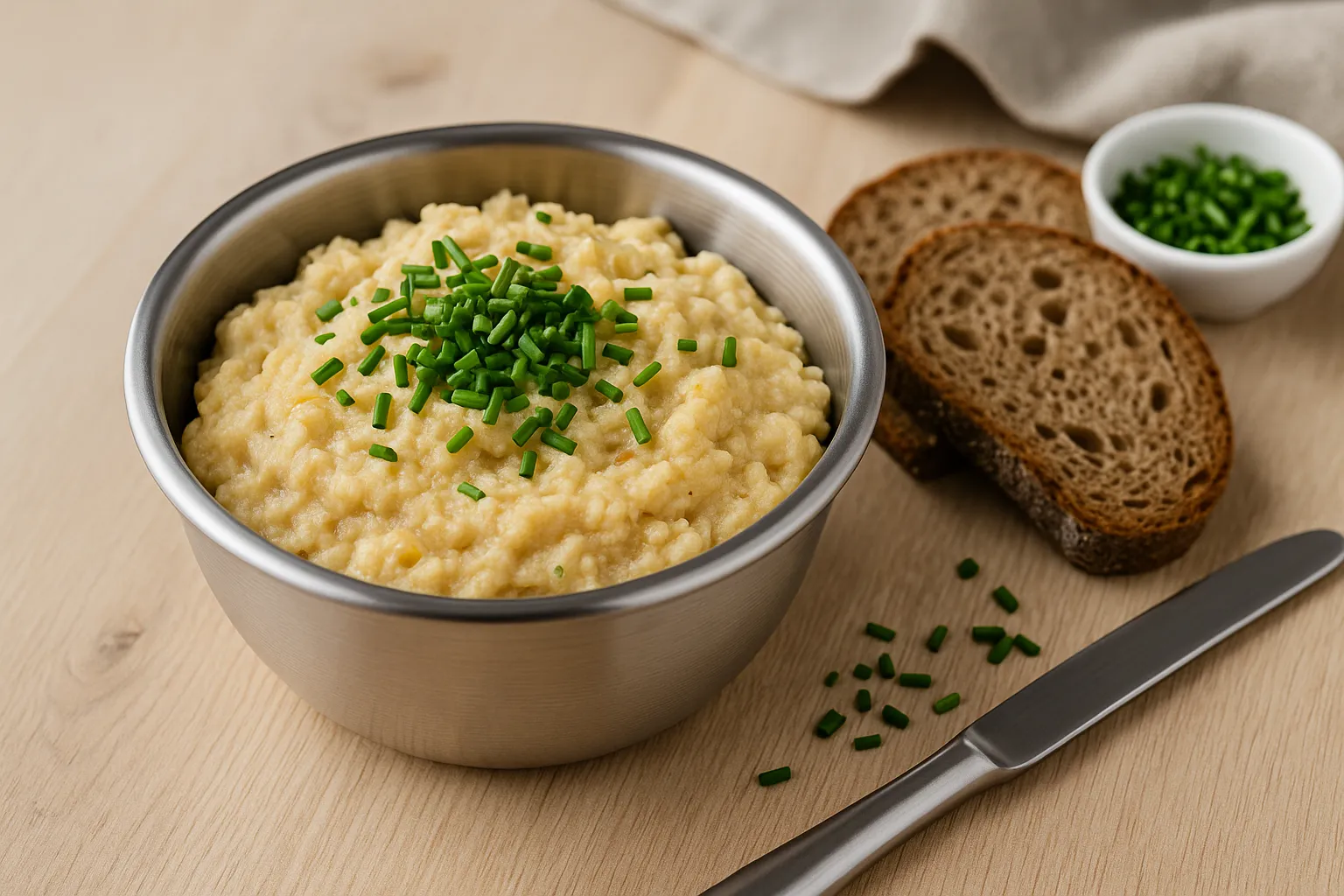 Hefeaufstrich mit Schnittlauch in einer Edelstahlschüssel serviert