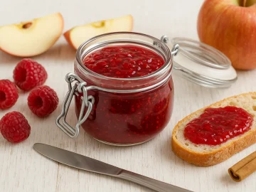 Himbeer-Apfel-Marmelade mit Zimt in einem Glas, daneben frische Himbeeren und Äpfel auf Holztisch