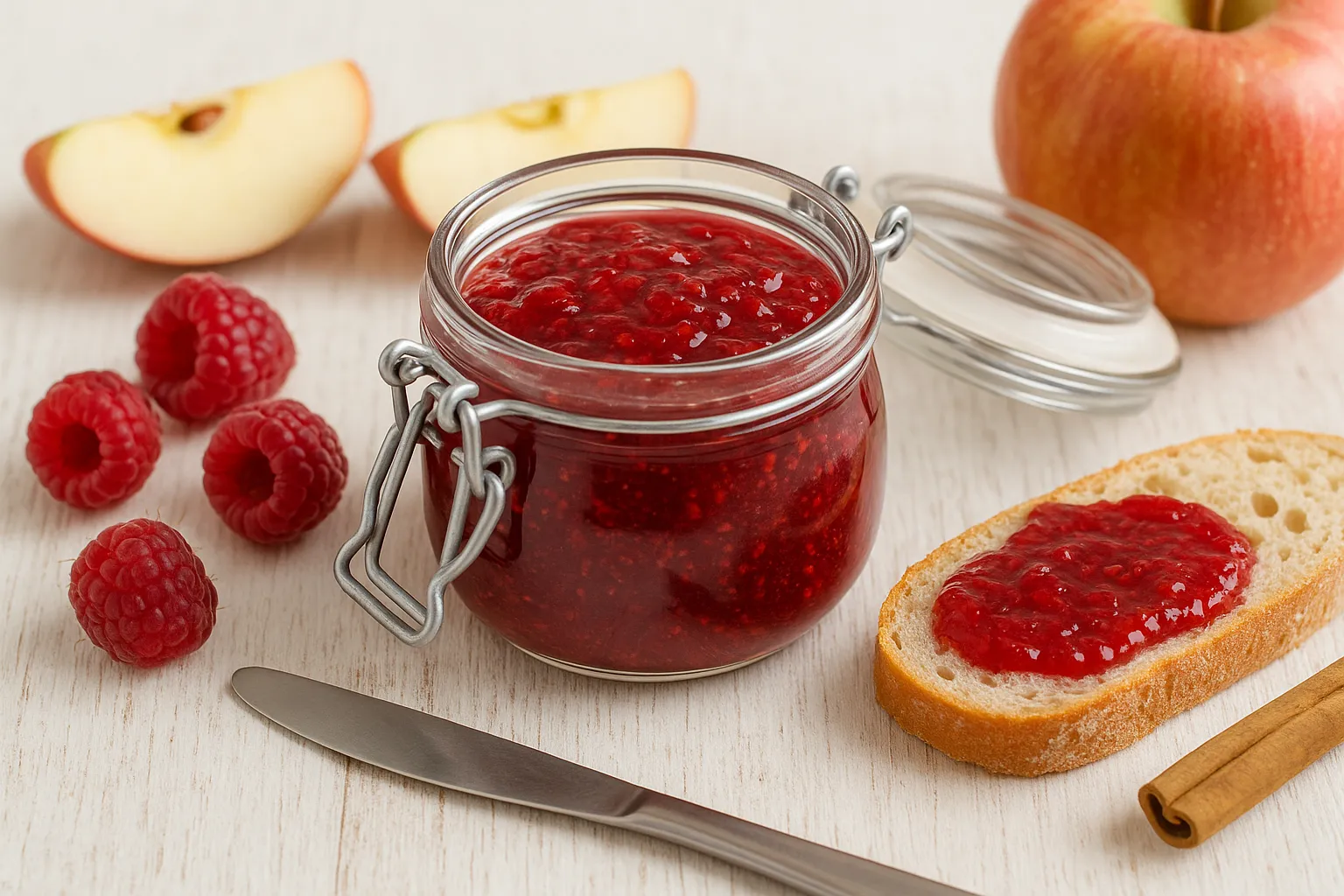 Himbeer-Apfel-Marmelade mit Zimt in einem Glas, daneben frische Himbeeren und Äpfel auf Holztisch