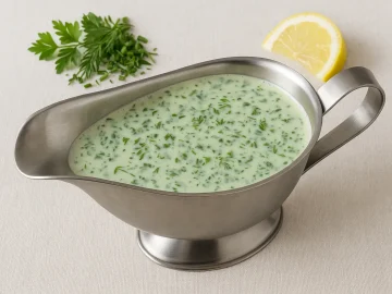 Kräutersoße in einer glänzenden Edelstahlsauciere auf weißem Holzhintergrund serviert