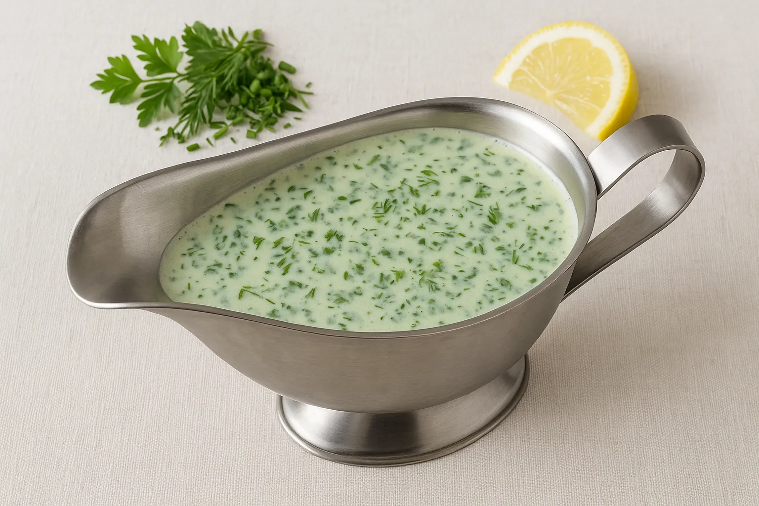 Kräutersoße in einer glänzenden Edelstahlsauciere auf weißem Holzhintergrund serviert