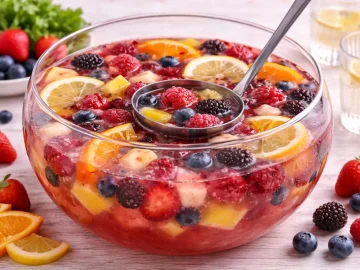 Fruchtige Bowle mit Beeren und Früchten in einem großen Glas-Bowlegefäß auf hellem Holztisch