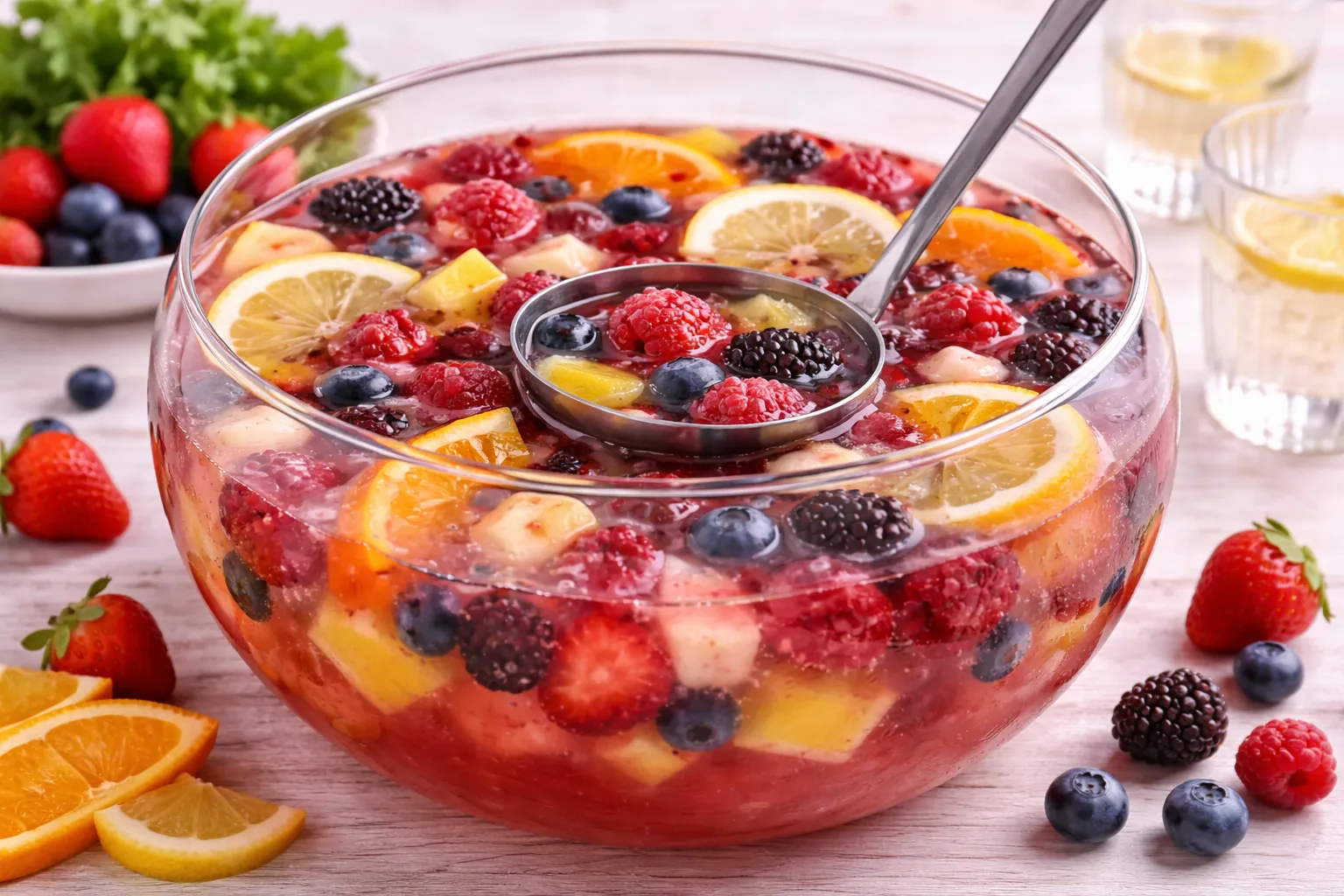 Fruchtige Bowle mit Beeren und Früchten in einem großen Glas-Bowlegefäß auf hellem Holztisch