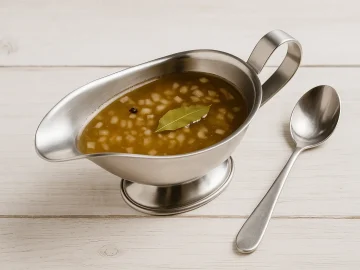 Edelstahlsauciere mit goldbrauner Marinade für Kartoffelsalat auf weißem Holzhintergrund