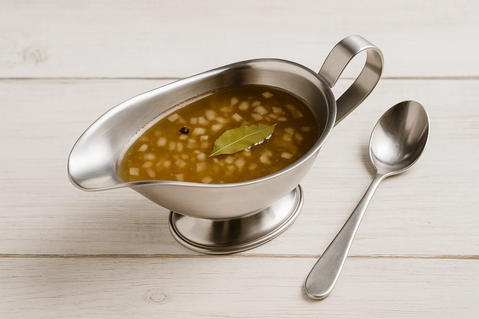 Edelstahlsauciere mit goldbrauner Marinade für Kartoffelsalat auf weißem Holzhintergrund