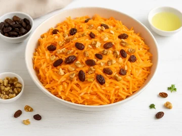 Frische Möhren-Apfel-Rohkost mit Nüssen und Rosinen in heller Schüssel auf weißem Holzuntergrund