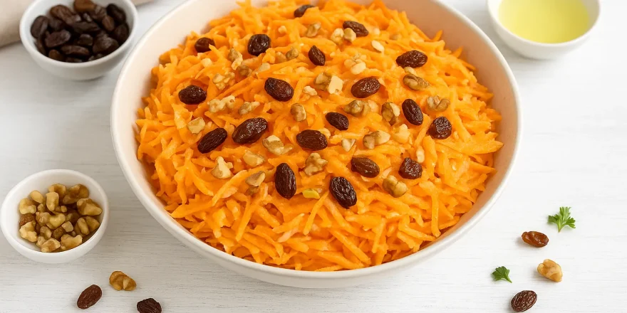 Frische Möhren-Apfel-Rohkost mit Nüssen und Rosinen in heller Schüssel auf weißem Holzuntergrund