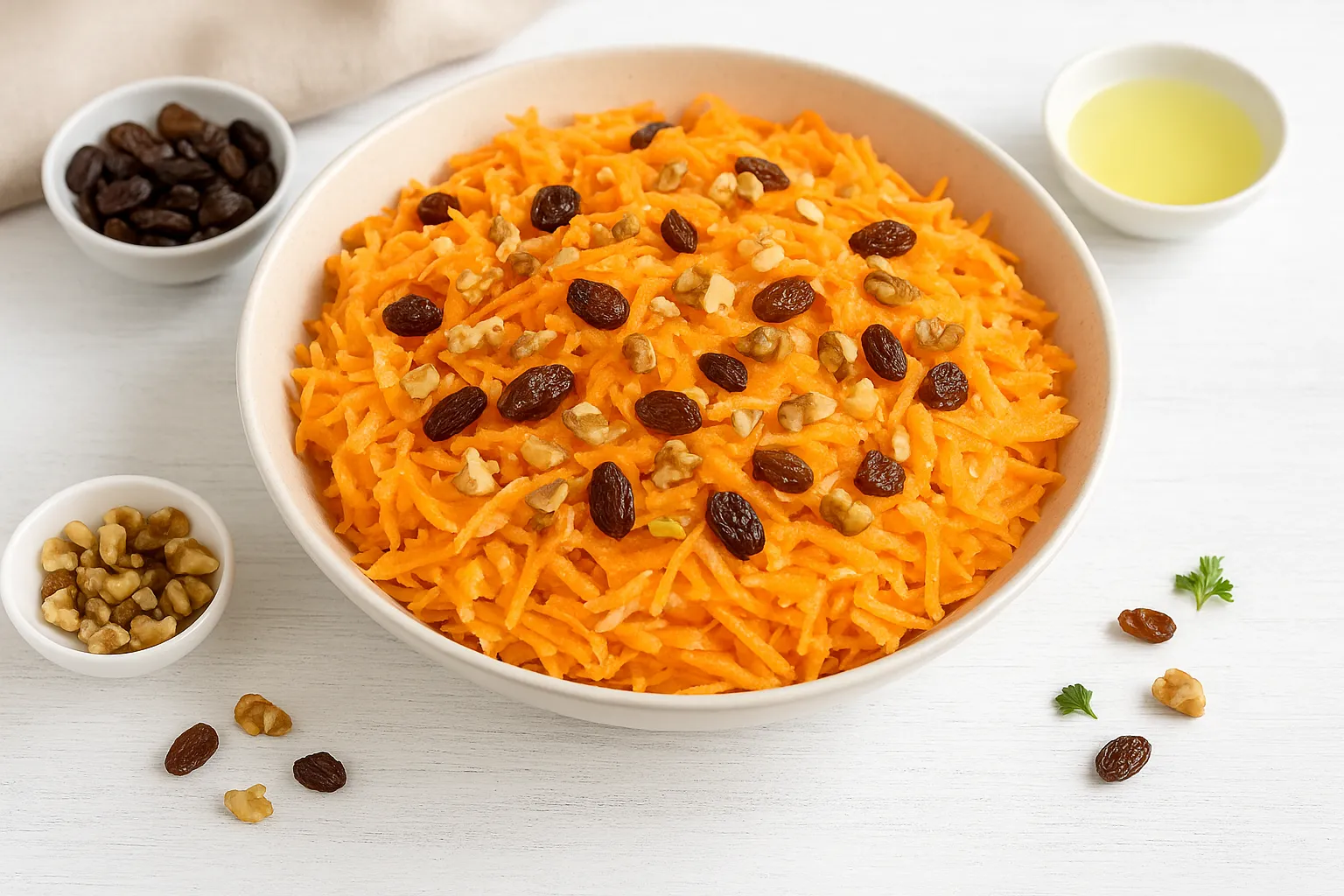 Frische Möhren-Apfel-Rohkost mit Nüssen und Rosinen in heller Schüssel auf weißem Holzuntergrund