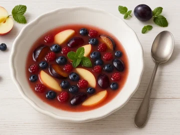 Weiße Suppenschüssel mit frischer Obstsuppe aus Beeren und Apfelspalten auf weißem Holztisch mit Deko und Besteck