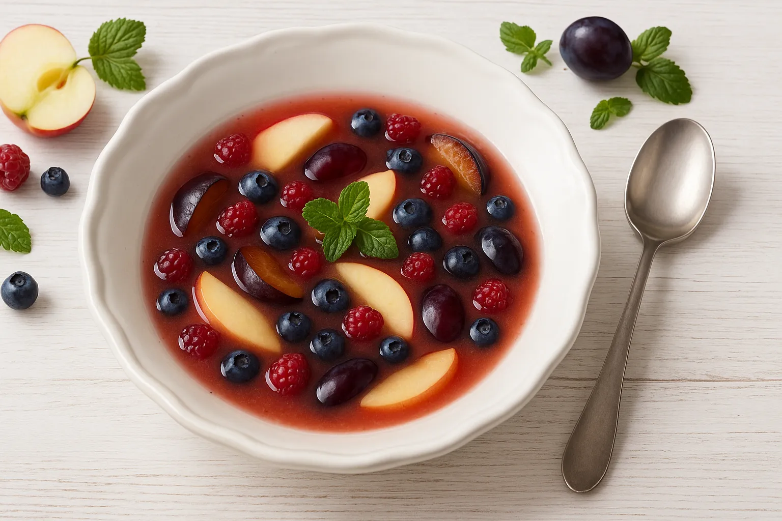 Weiße Suppenschüssel mit frischer Obstsuppe aus Beeren und Apfelspalten auf weißem Holztisch mit Deko und Besteck