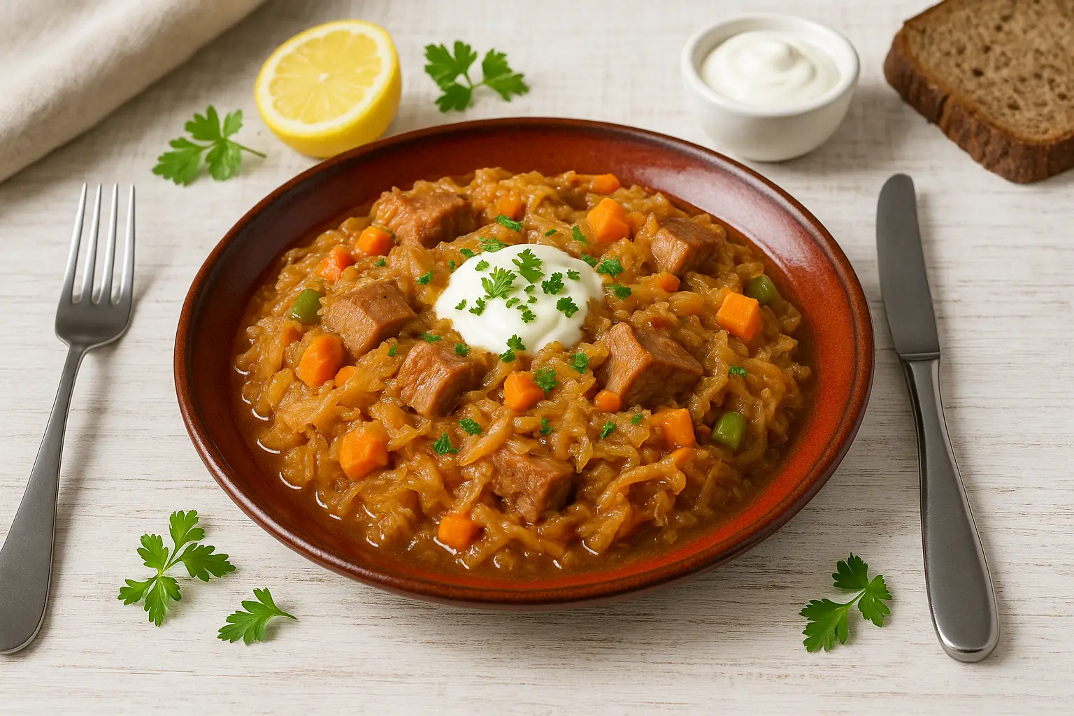  Polnisches Kraut mit Sauerkraut, Kasslerfleisch und Möhren auf rotem DDR-Teller, garniert mit saurer Sahne und frischer Petersilie auf weißem Holztisch.