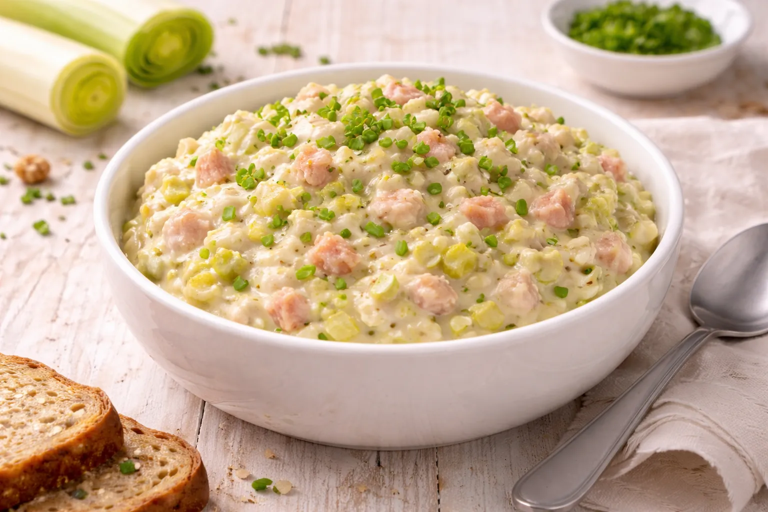 Schüssel mit cremigem Porree-Schinken-Aufstrich auf hellem Holztisch angerichtet