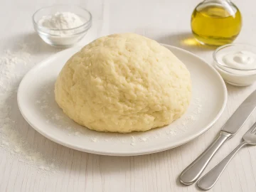 Quark-Öl-Teig auf weißem rustikalen Teller, angerichtet auf hellem Holztisch mit Besteck und Backutensilien