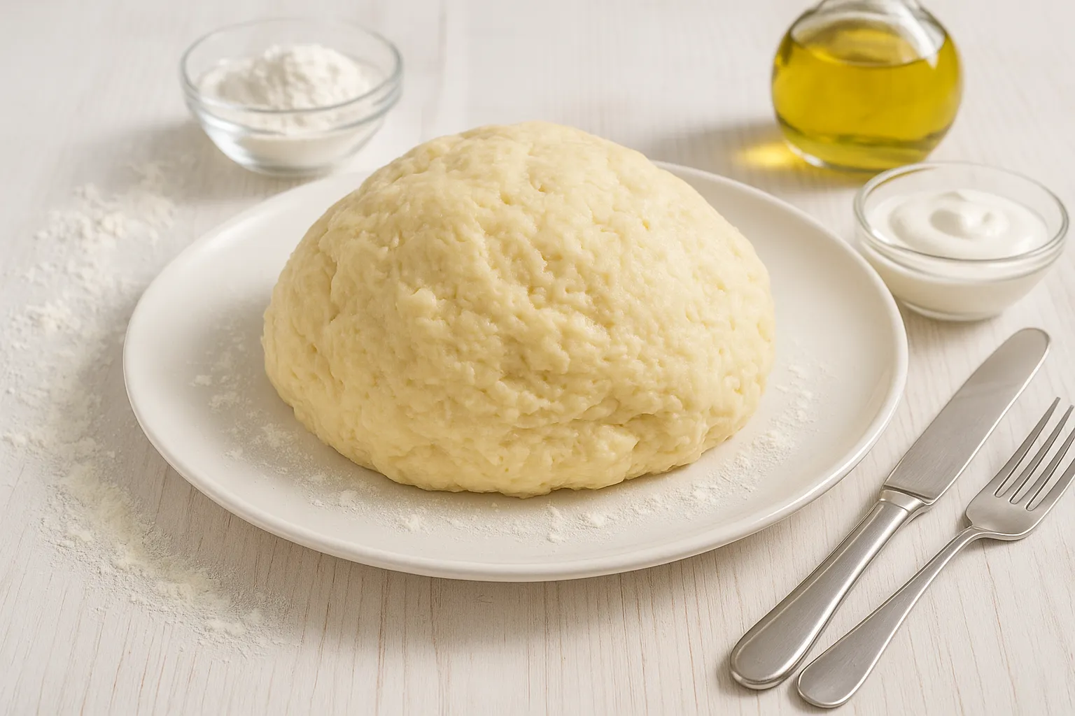 Quark-Öl-Teig auf weißem rustikalen Teller, angerichtet auf hellem Holztisch mit Besteck und Backutensilien