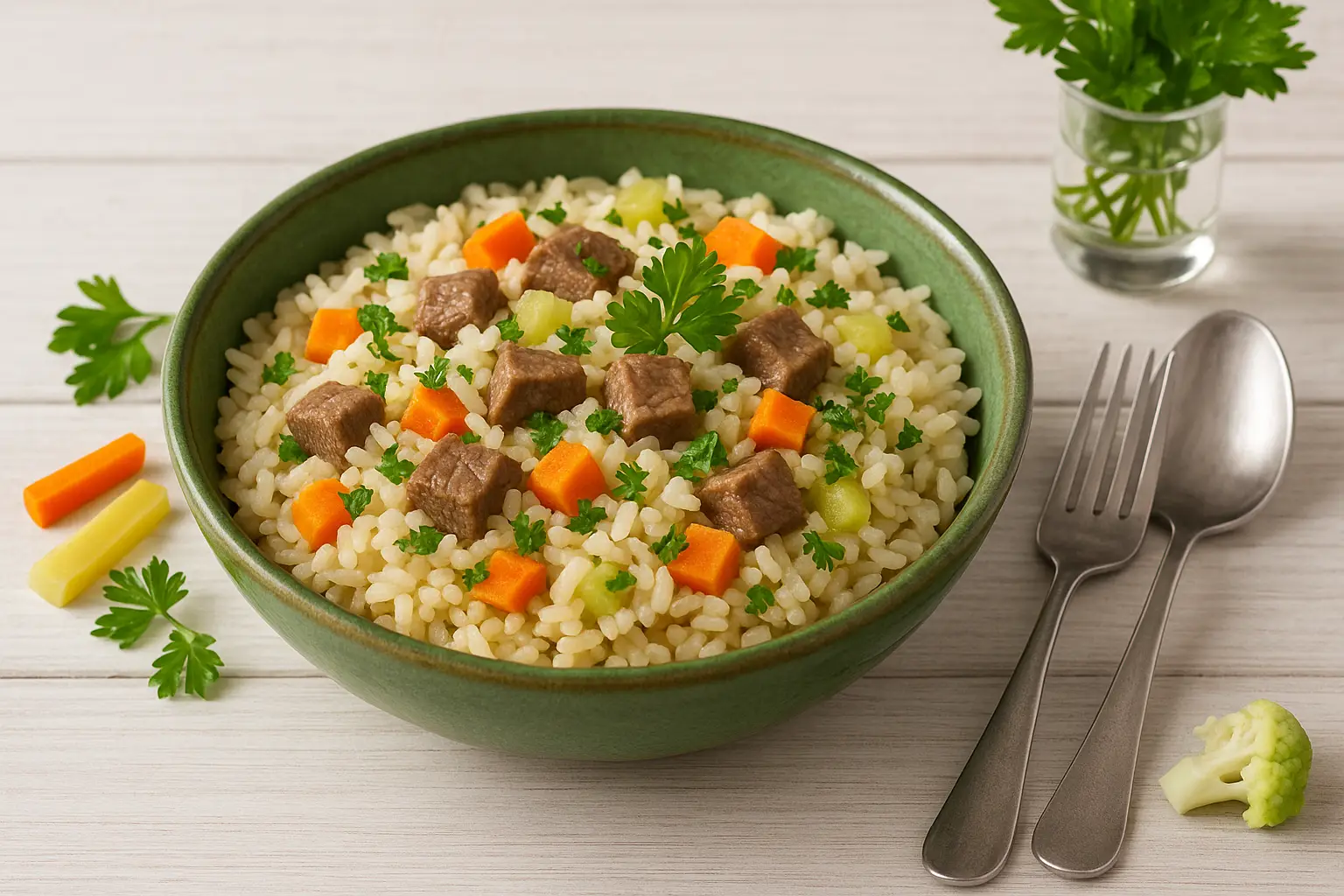  Breite grüne Schale mit Reis, Rindfleisch, Suppengrün und Petersilie auf weißem Holztisch, dekorativ serviert.