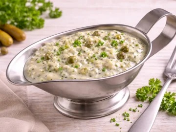 Remouladensoße mit Gurken, Kapern und Kräutern in einer Edelstahlsauciere auf hellem Holztisch