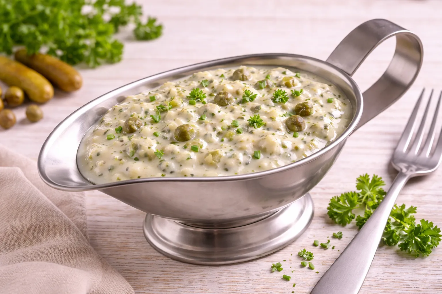Remouladensoße mit Gurken, Kapern und Kräutern in einer Edelstahlsauciere auf hellem Holztisch