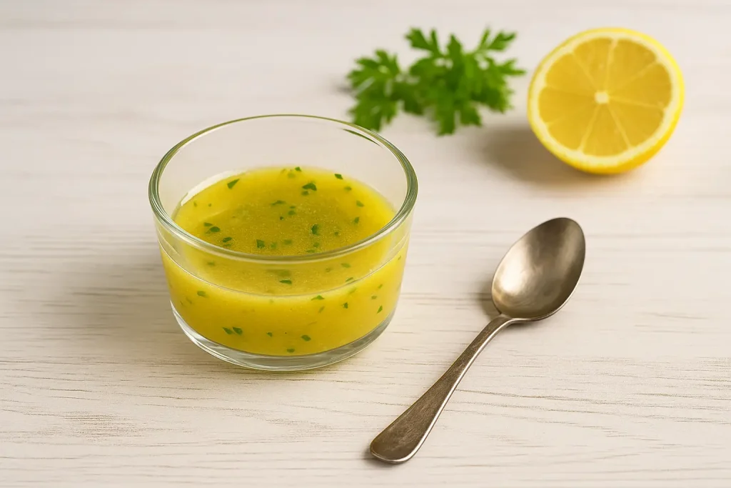  Salatmarinade in Glasschale mit Löffel, umgeben von frischen Kräutern, Zitrone und Ölflasche.
