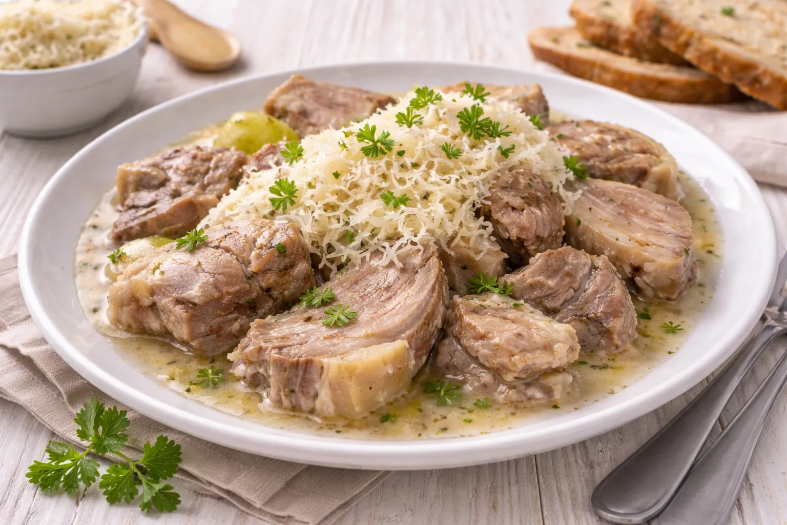 Gekochtes Schweinefleisch mit geriebenem Meerrettich auf weißem Teller auf hellem Holztisch